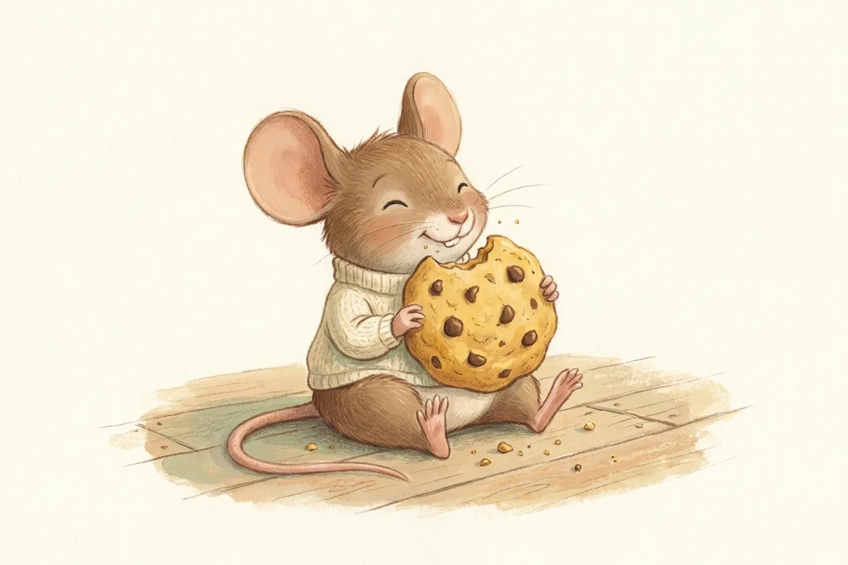 Storybook illustration of a happy little mouse holding a giant golden chocolate-chip cookie