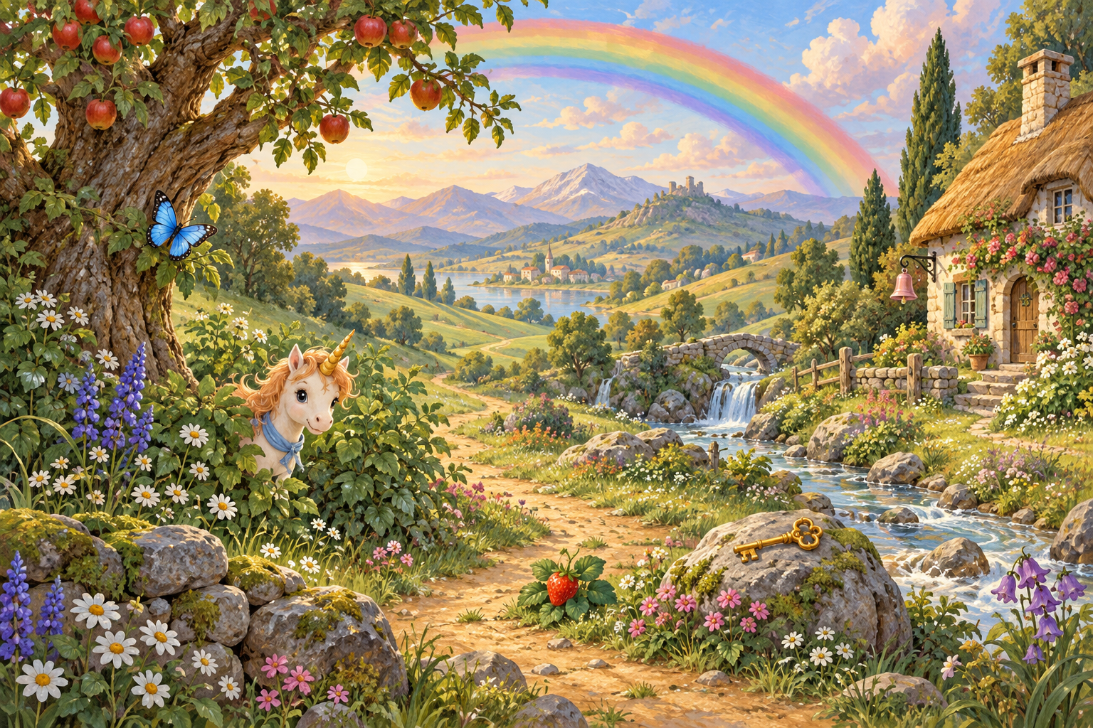A tiny unicorn peeks out into a sunny meadow beneath a rainbow.